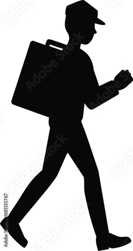 A black silhouette of a person wearing a cap and carrying a large bag on their shoulder, walking with purpose.