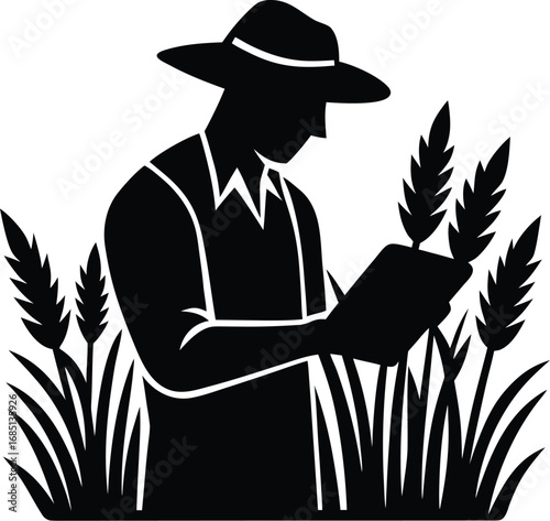 A silhouette of a farmer wearing a hat examines wheat stalks in a field, suggesting agricultural work and crop assessment.