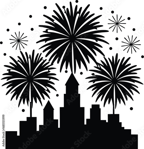 A black silhouette of a city skyline is illuminated by a vibrant explosion of fireworks, creating a festive and celebratory atmosphere.