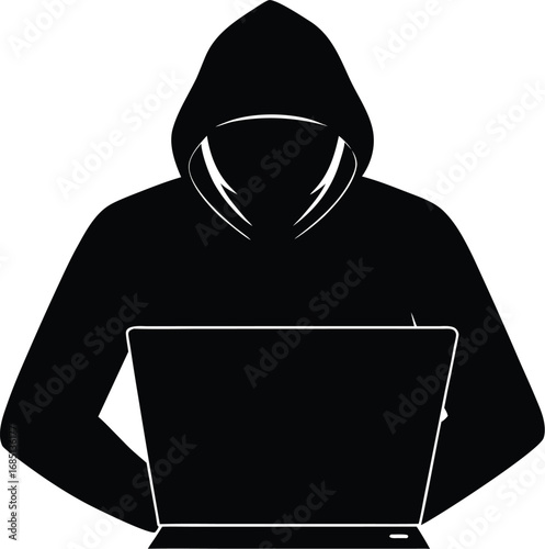 A black silhouette of a person wearing a hooded sweatshirt, hunched over a laptop, suggesting anonymity and cyber activity.