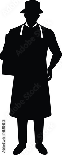 A black silhouette of a man in a hat and apron, holding a clipboard, stands facing forward against a white background.