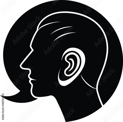 A black and white graphic depicts a profile view of a human head with a prominent ear and a speech bubble emanating from the chin area.