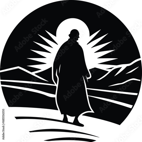 A stylized black and white illustration depicts a lone figure walking towards a bright, sun-like orb with radiating lines, set against a mountainous horizon.