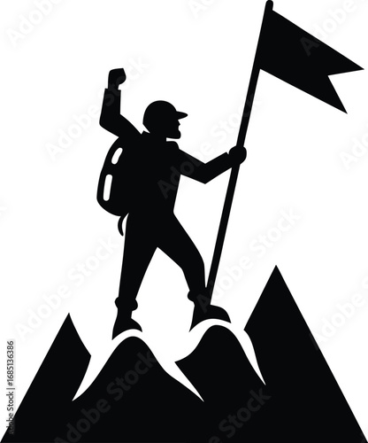 A black silhouette depicts a climber with a backpack raising a flag victoriously atop a jagged mountain summit.