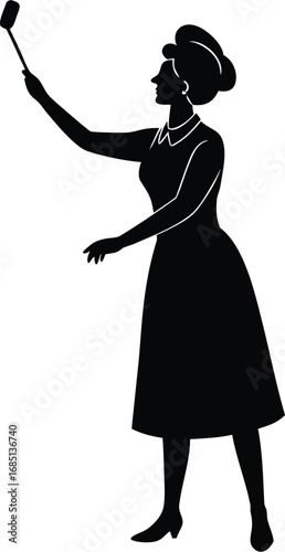A black silhouette of a woman in a mid-century dress, holding a long-handled cleaning tool, possibly a broom or mop.