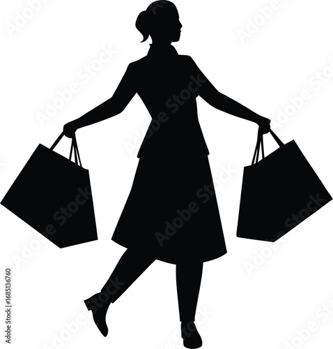 A black silhouette of a woman standing with arms outstretched, holding two large shopping bags, one in each hand.
