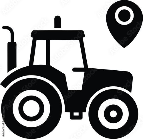 A black silhouette of a tractor is paired with a location pin icon, symbolizing agricultural tracking and precision farming.