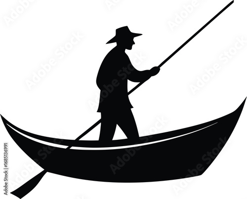 A black silhouette of a person in a hat, standing in a boat and propelling it with a long pole.