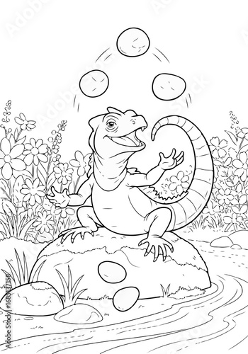 Playful dinosaur juggling stones in a lively river scene with flowers, a fun prehistoric coloring page for children.