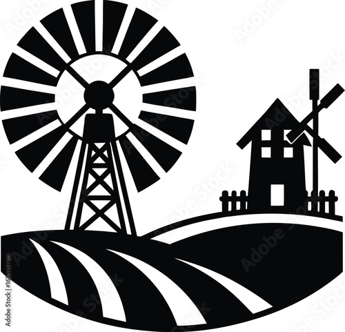 A stylized black and white illustration depicts a farm with a large windmill, a small barn, and plowed fields on rolling hills.