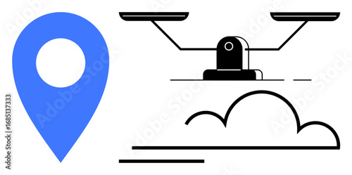 Blue geolocation marker, balance scale symbolizing fairness, and abstract cloud for digital ideas. Ideal for navigation, justice, cloud computing, decision-making, law balance technology. Simple
