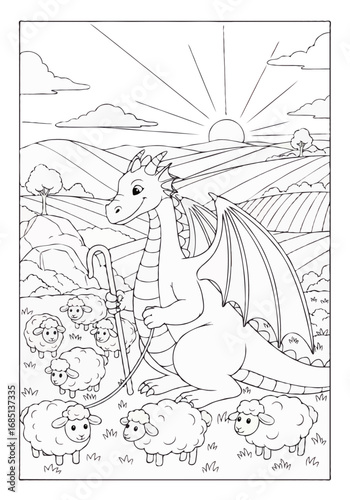 Friendly dragon shepherd watching over a flock of cute sheep in a field at sunrise, a coloring page for children.