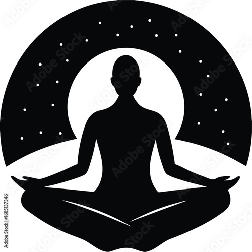 A black silhouette of a person in a lotus pose meditating against a backdrop of a large moon and starry night.
