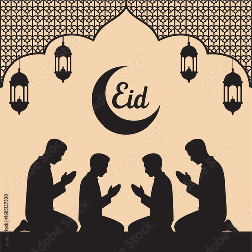 Eid Mubarak Silhouette Illustration with Praying Figures and Lanterns