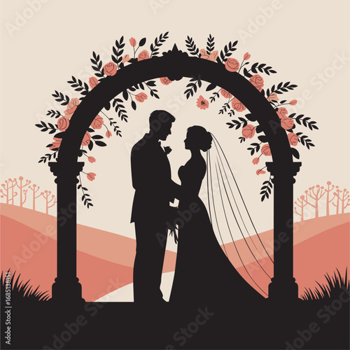 Silhouette Couple Under Floral Archway in Serene Landscape Illustration