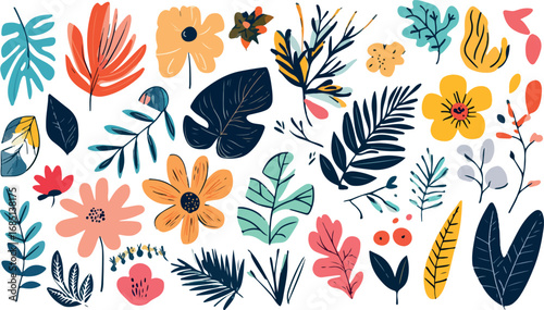 Vibrant collection of diverse tropical leaves and flowers in a whimsical artistic illustration style