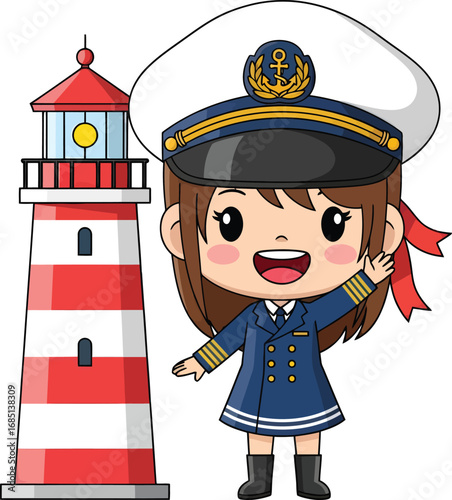 Cute cartoon girl dressed as a ship captain waving next to a red and white lighthouse. Cheerful female naval character in a professional uniform, ideal for nautical themes