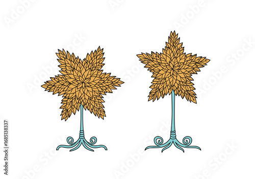 Whimsical star shaped topiary plants with ornate stands hand drawn illustration