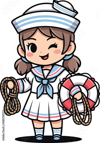 Adorable chibi girl character in a classic sailor uniform winking playfully. This cute marine mascot illustration holds a lifebuoy and rope, isolated vector art for kids