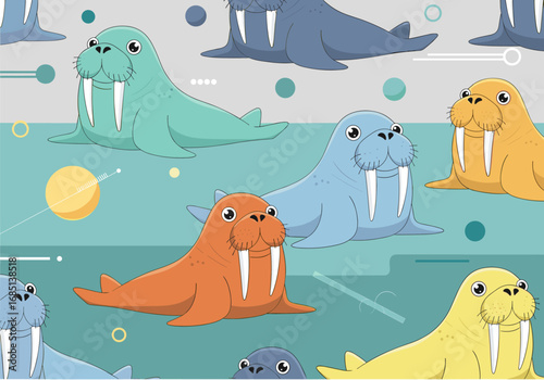 A colorful collection of whimsical walruses swimming in the arctic ocean waters