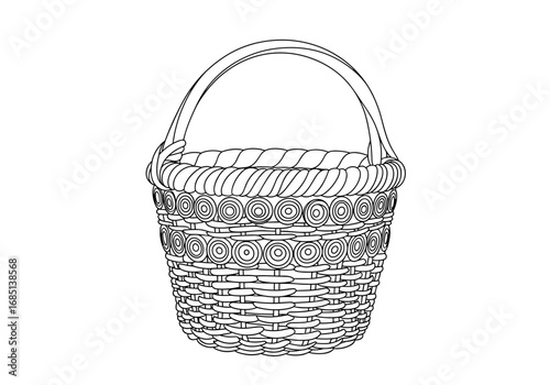 An intricately woven wicker basket with a curved handle and decorative patterned rim is presented in a black and white drawing style