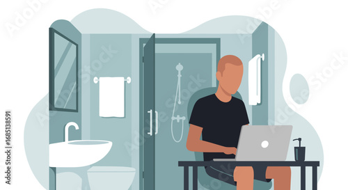 Remote worker using a laptop while sitting on a toilet, highlighting work-from-home flexibility, privacy, and unconventional office spaces.