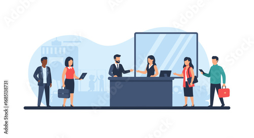 Business professionals and customers interacting with service staff at a reception desk, showcasing efficient customer support and corporate services.