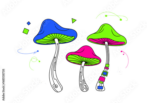 Psychedelic forest fungi with vibrant colors and swirling patterns adorned with geometric shapes