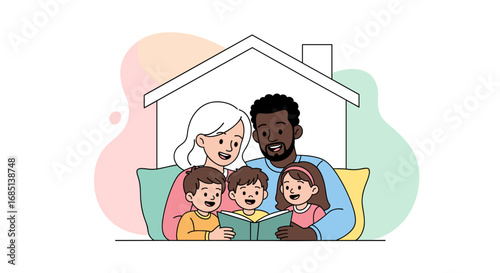 A happy, diverse family reads a book together under a house outline, symbolizing home, education, and loving family life. Ideal for concepts of security and upbringing.