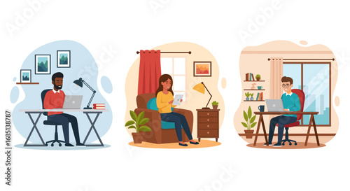 People working and relaxing at home, utilizing laptops and tablets for remote work or leisure. Illustrates flexible modern lifestyles and efficient home offices.
