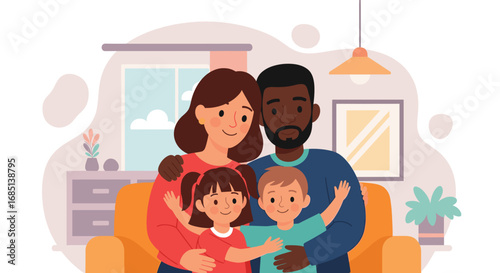 Happy diverse family with two children embracing on a couch at home, symbolizing love, unity, and joyful family life. Ideal for lifestyle and domestic concepts.