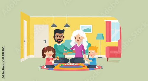 Joyful family playing a board game in their living room. Parents and children share happy moments, fostering togetherness and learning through play. Perfect for lifestyle concepts.