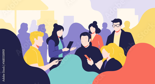 Diverse professionals connect and communicate using mobile devices in a vibrant, modern setting. Perfect for business, social networking, and technology concepts.