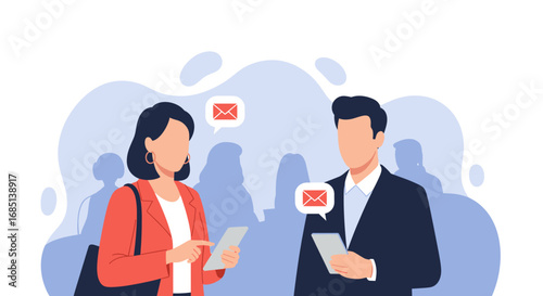 Business professionals exchange messages on smartphones, depicting digital communication, networking, and modern workplace interaction. Ideal for technology, business, or lifestyle concepts.
