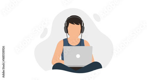 Person with headphones and laptop working or studying online, showcasing digital productivity, remote work, and a modern lifestyle.