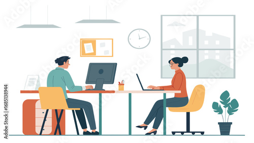 Two colleagues diligently working at their individual desks in a modern office, focused on tasks using computers and laptops. Business productivity concept.