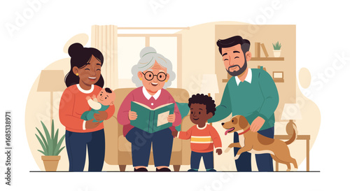 Happy diverse multi-generational family enjoying quality time at home. Grandmother reads to children while parents connect, fostering love and togetherness with their pet dog.