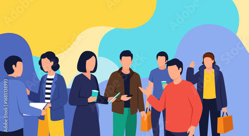 Diverse group of people interacting and communicating in a vibrant, modern setting. Represents teamwork, networking, social gathering, or community connection.