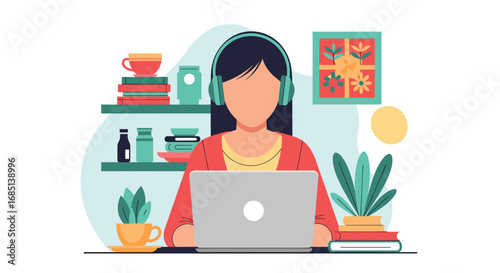Person with headphones focused on a laptop in a comfortable home office setting, representing remote work, online learning, and productivity. Ideal for business and lifestyle themes.