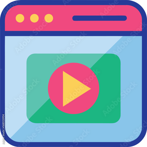 Flat design icon of a computer window with a play button for video