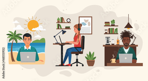 People working remotely from diverse locations, showcasing flexible work-life balance and productivity. Ideal for modern business, travel, and lifestyle concepts.