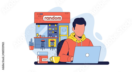 Young person working on a laptop at a cafe, embodying remote work, digital lifestyle, and entrepreneurial spirit. Ideal for business, technology, and freelance concepts.