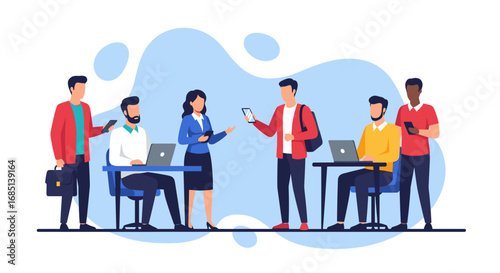 Diverse professionals collaborate in a modern work environment, utilizing technology for communication and productivity. Ideal for business, teamwork, and digital connectivity concepts.