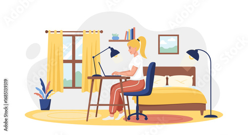 A young woman comfortably works on her laptop at a desk in her bright home bedroom, illustrating remote work, online learning, and a productive lifestyle.