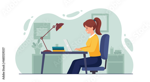 Happy woman working remotely on laptop at her home office desk. Concept of productivity, remote work, or online learning lifestyle.
