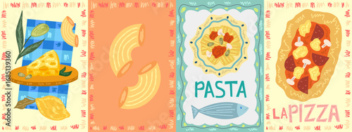 Food poster with pasta and pizza. Italian food poster. Kitchen postcard with Italian spaghetti, cheese and sardine