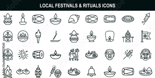 Local Festivals & Rituals Icon Set – Minimal Line Art of Cultural Celebrations, Traditional Symbols, and Folk Elements for UI, Print, and Global Branding
