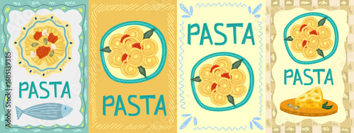 Food poster with pasta and cheese. Italian food poster. Kitchen postcard with Italian spaghetti, cheese and fish