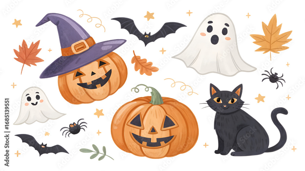 Fototapeta premium Halloween clipart pack with carved pumpkins, witch hats, spooky ghosts, bats, black cats, isolated on transparent background, PNG set