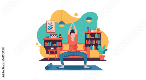 Woman practicing yoga at home, finding balance and peace in her living room. Lifestyle concept of health, fitness, and relaxation.
